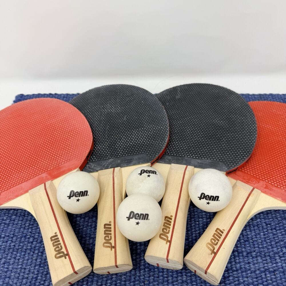 Set Of 4 Penn 2.0 Recreational Ping Pong Paddles - Wooden Red Black 4 Balls Bag